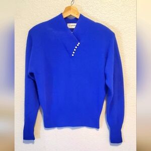 Rabbit Hair & Lambs Wool Royal Blue Knit Sweater with Pearl Buttons Size Medium